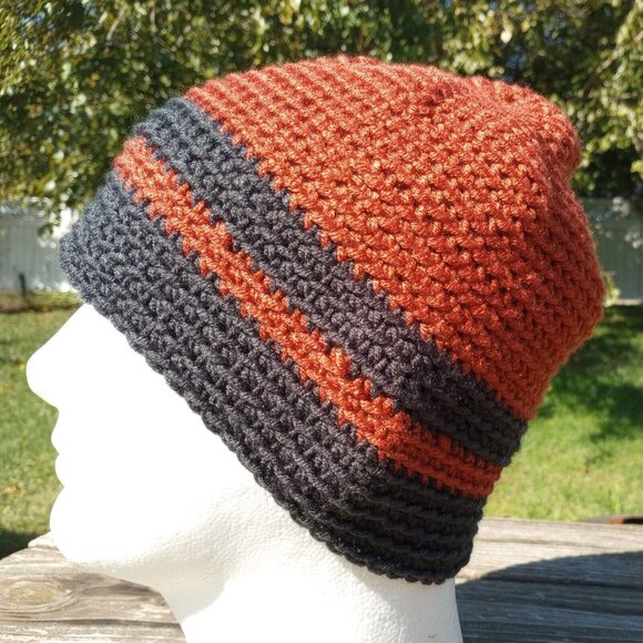 Men's Beanie Hat Handmade Rust Orange Gray Crochet Boating Hiking Outdoors Sz M - Picture 2 of 9